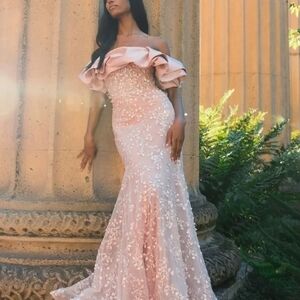 Mac Duggal Beaded Mermaid Off-Shoulder Ruffle Gown - Rose